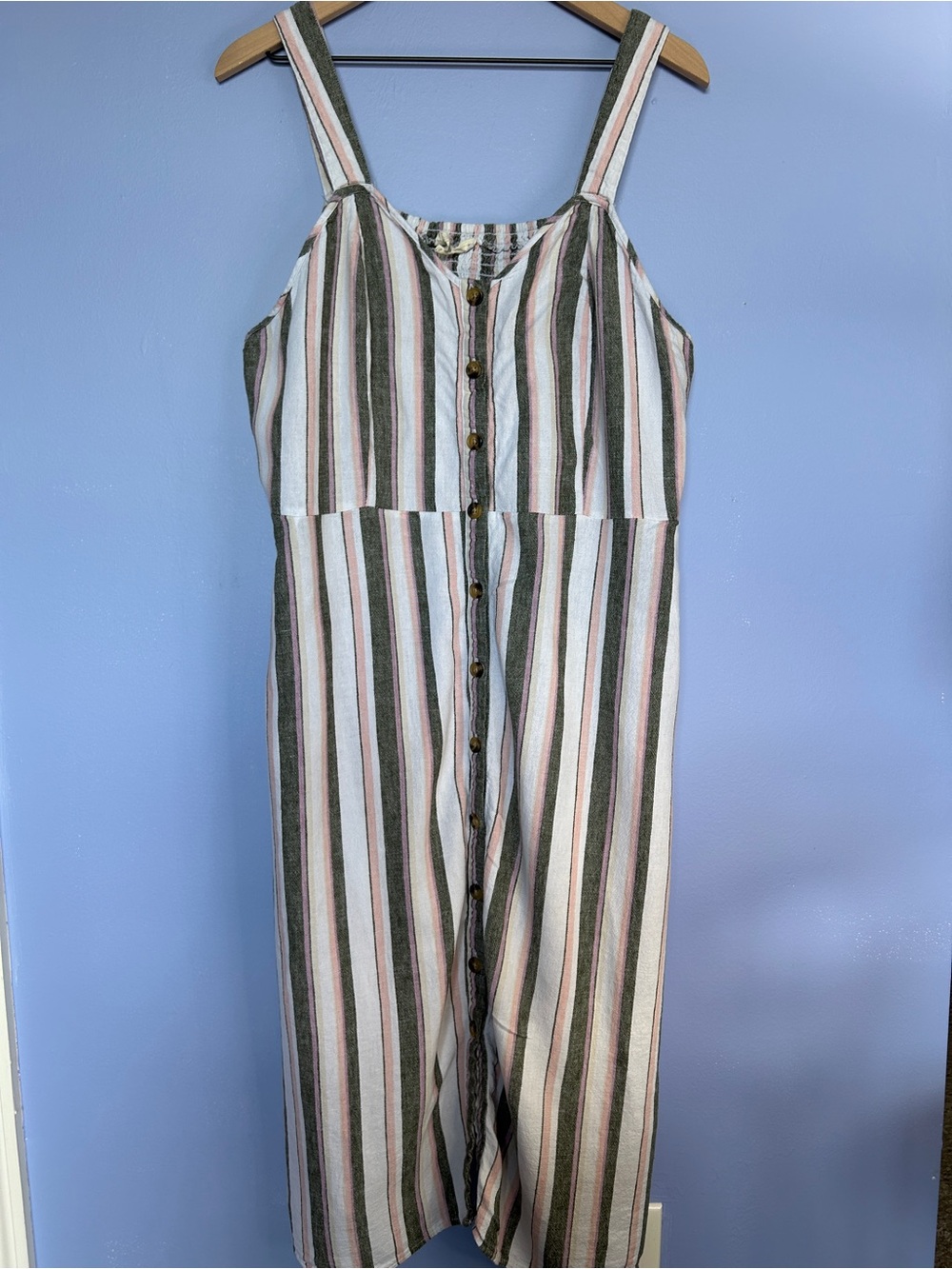 Green and pink striped linen blend midi dress